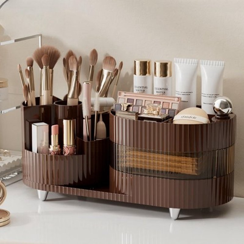 Rotating Large Capacity Cosmetic Display Case,Bathroom Counter Organizer Countertop Storage,Cosmetics Skincare Shelf Organizer (Coffee, L)