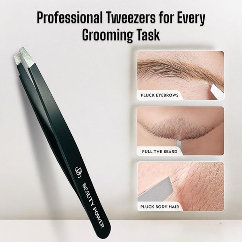 Beauty Power Professional Tweezers Set of 3 - Slant, Durable Lightweight German Stainless Steel, Ultra Precision Tweezers for Eyebrows, Facial Hair, Chin, Ingrown Hair Removal (Matte Black/Set of 3)