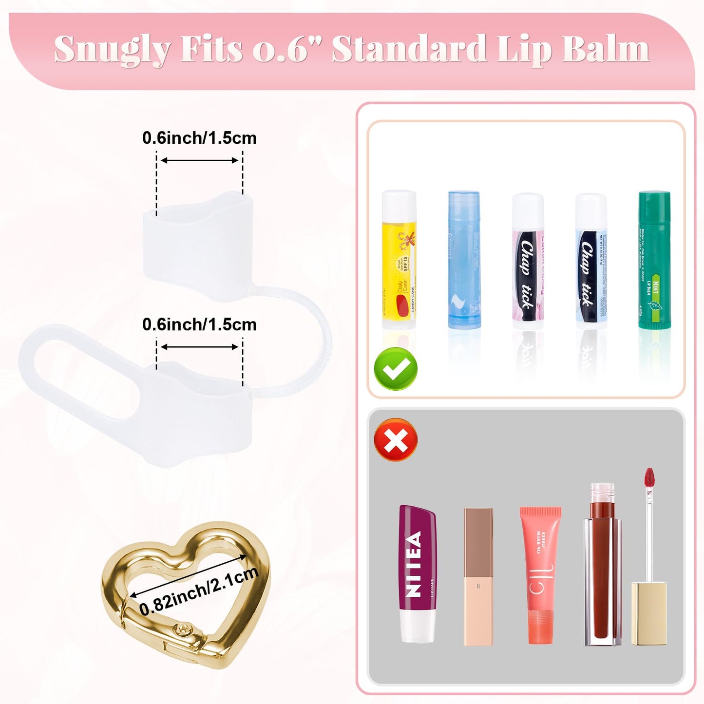 Likesing Chapstick Holder Key Chain, Silicone Lip Balm Holder with Cap Cover, Sleeve Lip Balm Holder Key Chain with Heart-shaped Key Ring(Clear Black Pink)