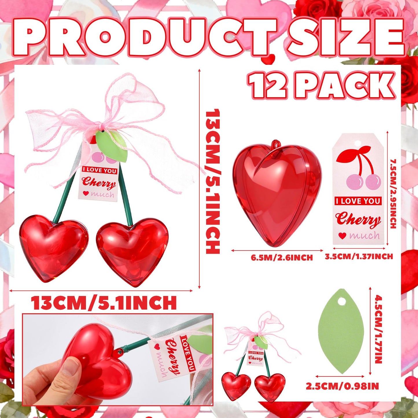 AceOrbit 12 Pcs Valentine's Day Cherry Plastic Heart Containers 4.7 Inch Red Cherry Shaped Filled Gift Candy Box with Cards Bow Valentine Hanging Ornament for Wedding Party Favor Exchange Supplies