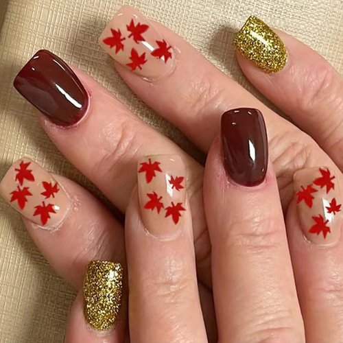 Fall Press on Nails Short Fake Nails Red Maple Leaf Full Cover Glue on Nails Square Artificial Fall Nails Gold Glitter Acrylic Nails Glossy Thanksgiving False Nails for Women Autumn Winter Manicure