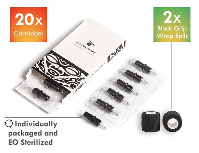Illusionist Ultra Premium Professional Cartridge Needles w/Grip Wrap Tape #12 Round Shader 20 Pack (1207RS)