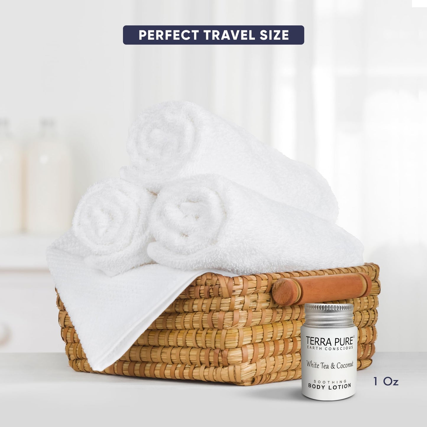 Travel Size Hotel Body Lotion 100 Count 1 oz Bottles Guest Amenities for Hotels Vacation Rentals & Short Term Rentals Paraben Free White Tea & Coconut Scent Infused with Aloe & Olive Oil by Terra Pure