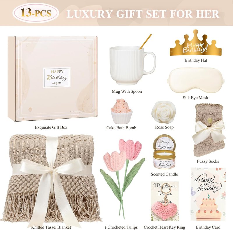 Unique Birthday Gifts for Women - 13PCS Spa Self-Care Basket for Mom, Sister, Wife | Relaxing Vanilla Set