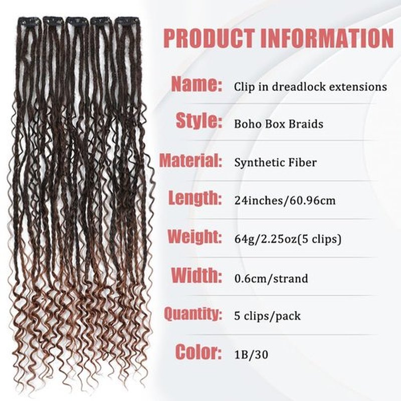 Ajsowju Boho Dreads Clip in Dreadlock Extension 5PCS 20 Strands Clip in Boho Dreadlock 24inches Thin Soft Dread Extenisons for Women (1B/30,Boho)
