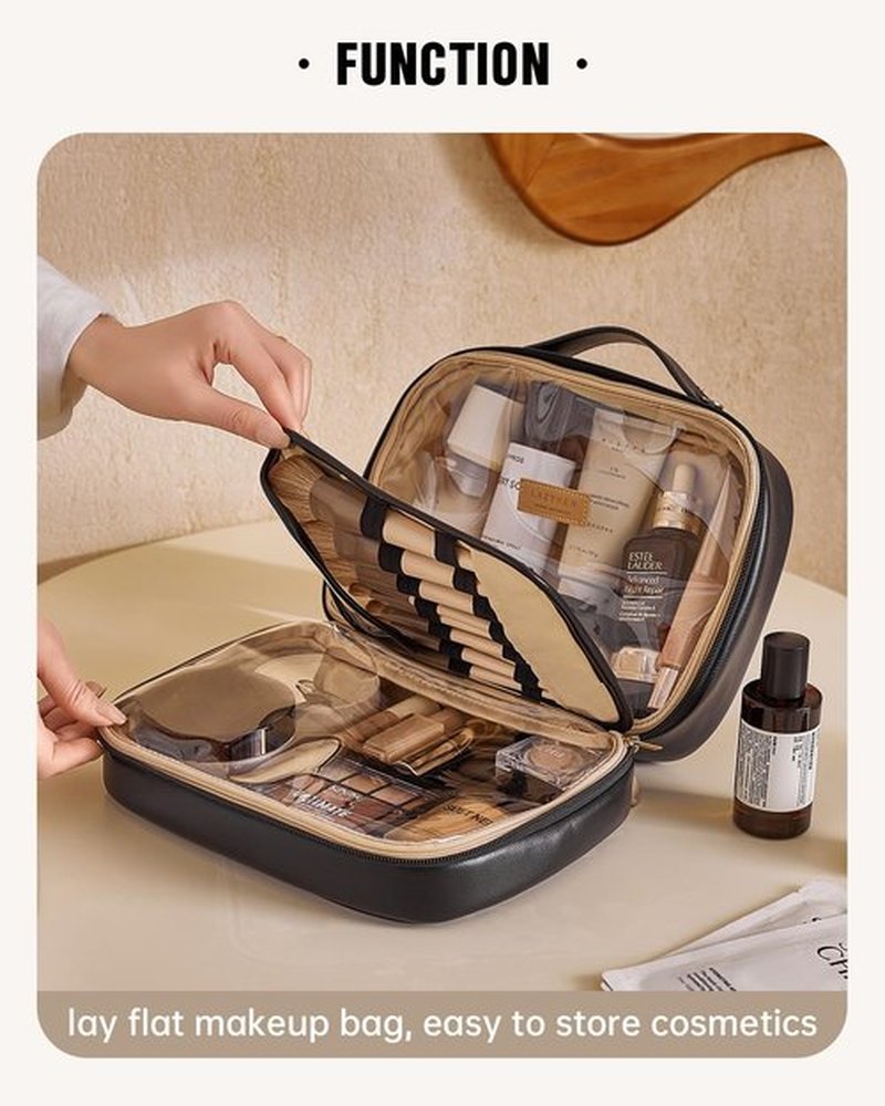 EACHY Travel Makeup Bag, Large Capacity Cosmetic Bags for Women, Waterproof PU Leather Make Up Bag with Makeup Brush Organizer (Black)
