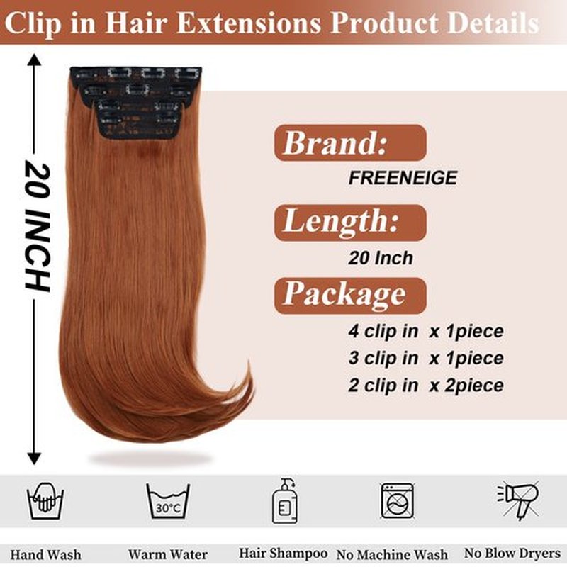 FREEMEIGE Copper Red Hair Extensions Clip in Hair Extensions for Women Long Layered Hair Extensions Straight Synthetic Clip in Extensions Long Wavy Extension Daily Use 20 Inch