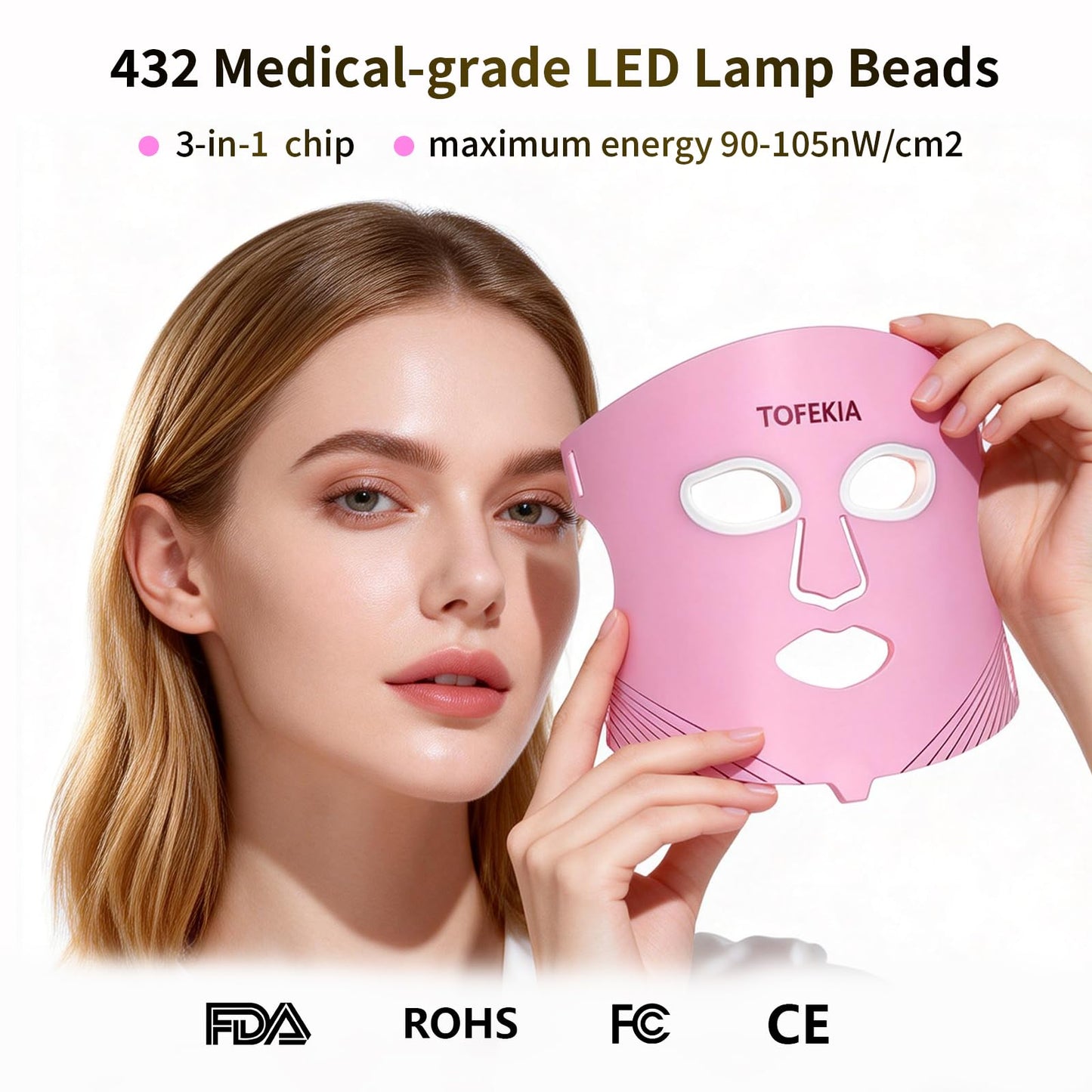 TOFEKIA FDA-Cleared Red Light Therapy Mask For face - 432 LEDs with 850nm NIR Light, 3 Light Therapy Modes for Anti-Aging, Wrinkles & Acne, Rechargeable LED mask for At-Home Use