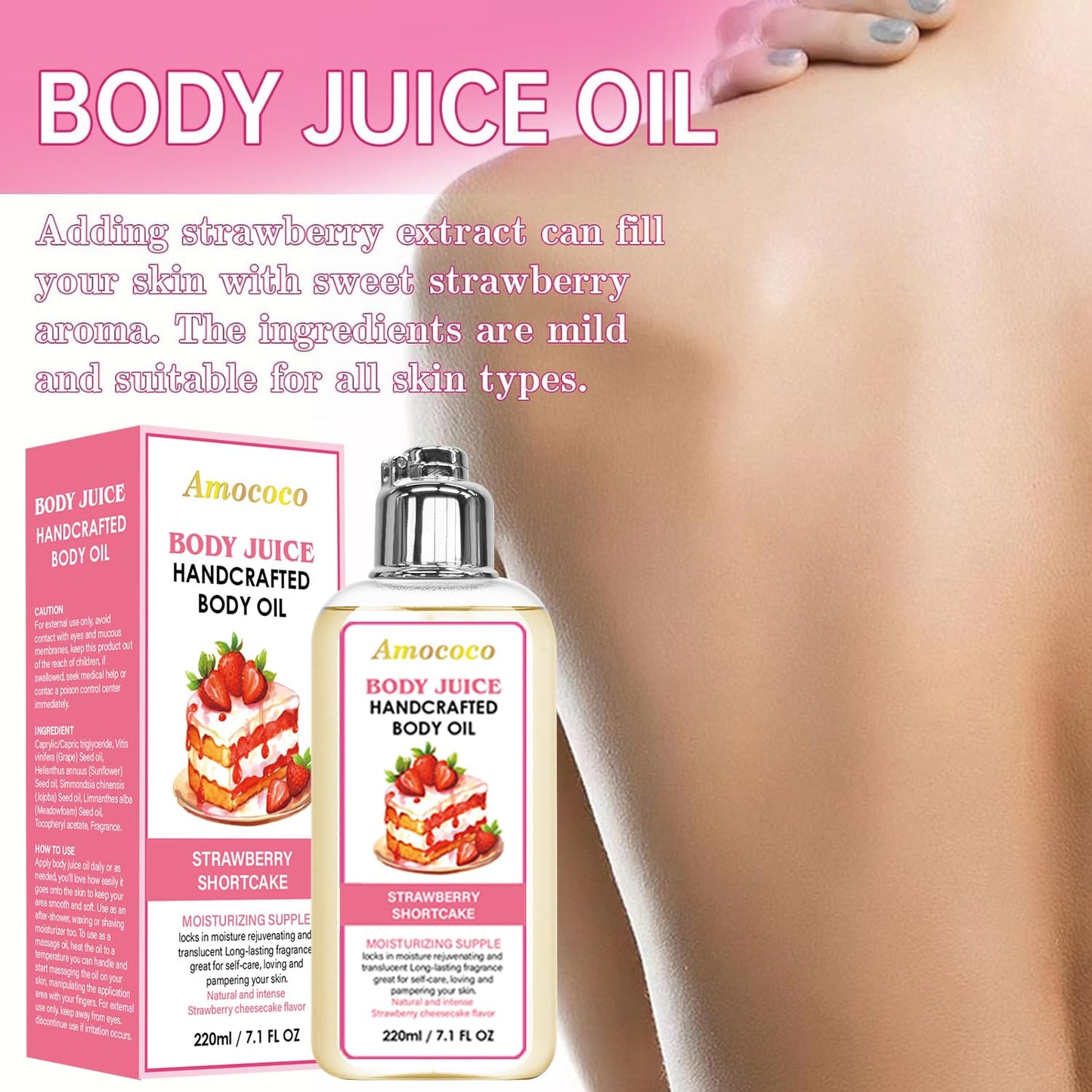 Amococo Strawberry Body Juice Oil, Moisturizing Dry Skin Care with Natural Oils, Lightweight Fast Absorbing Formula for Soft Smooth Skin, 7.1 Fl Oz