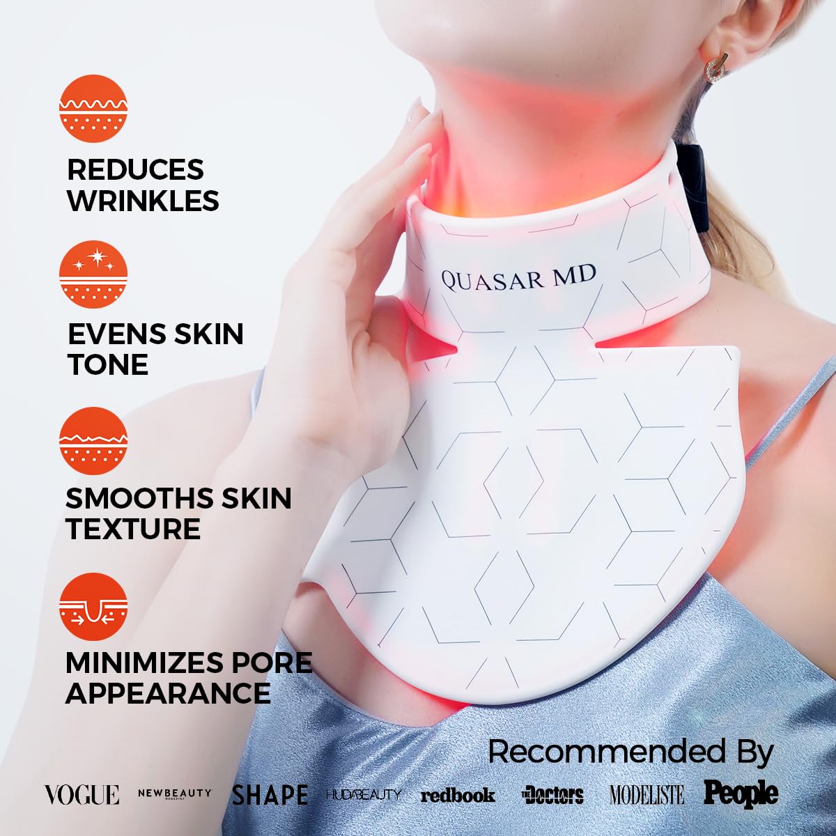Quasar MD Neck & Décolleté Firming Beauty Device – LED Light Therapy Skin Tone and Texture Enhancement, 630nm and 830nm Dual Wavelengths Emission LED Device, Liquid Silicone