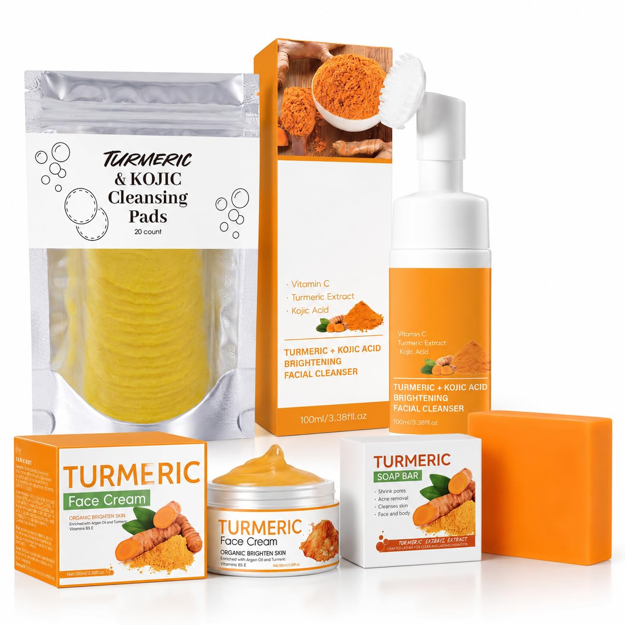Turmeric Skincare Set with Face Wash, Cream, Soap Bar, Bubble Net, Facial Cleanser for All Skin Types, Soothing Hydrating Formula
