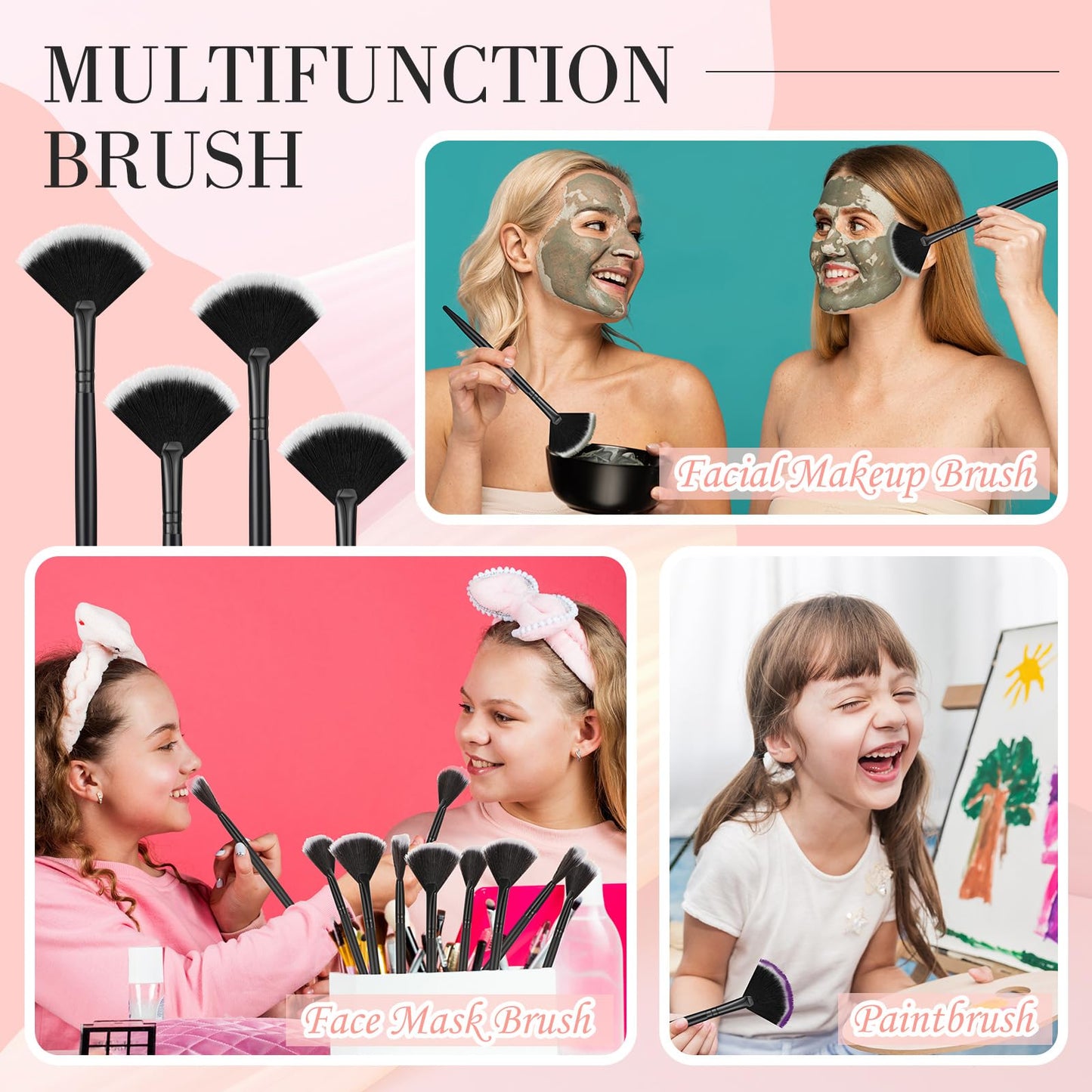 Ziliny 12 Pcs Soft Facial Fan Brush Blush Makeup Brush Face Mask Acid Applicator Multi Use Cosmetic Tools for Peel Mask Makeup for Mud Cream(Black)