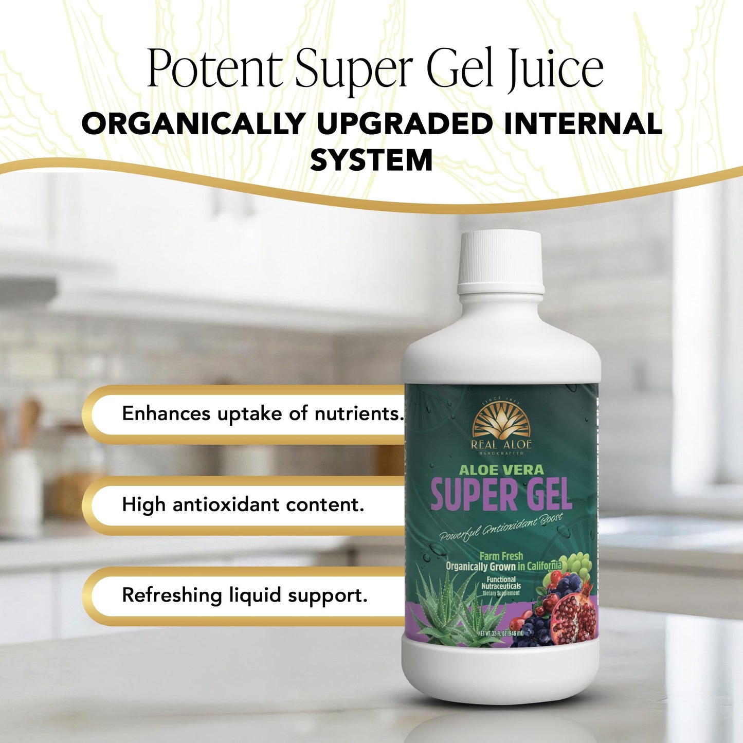 Real Aloe Super Gel Juice (32 fl oz) | Organic California-Grown Aloe Vera with Pomegranate & Cranberry | Aloin-Free Inner Leaf | Hydration & Antioxidant Support | Dietary Supplement | Made in USA