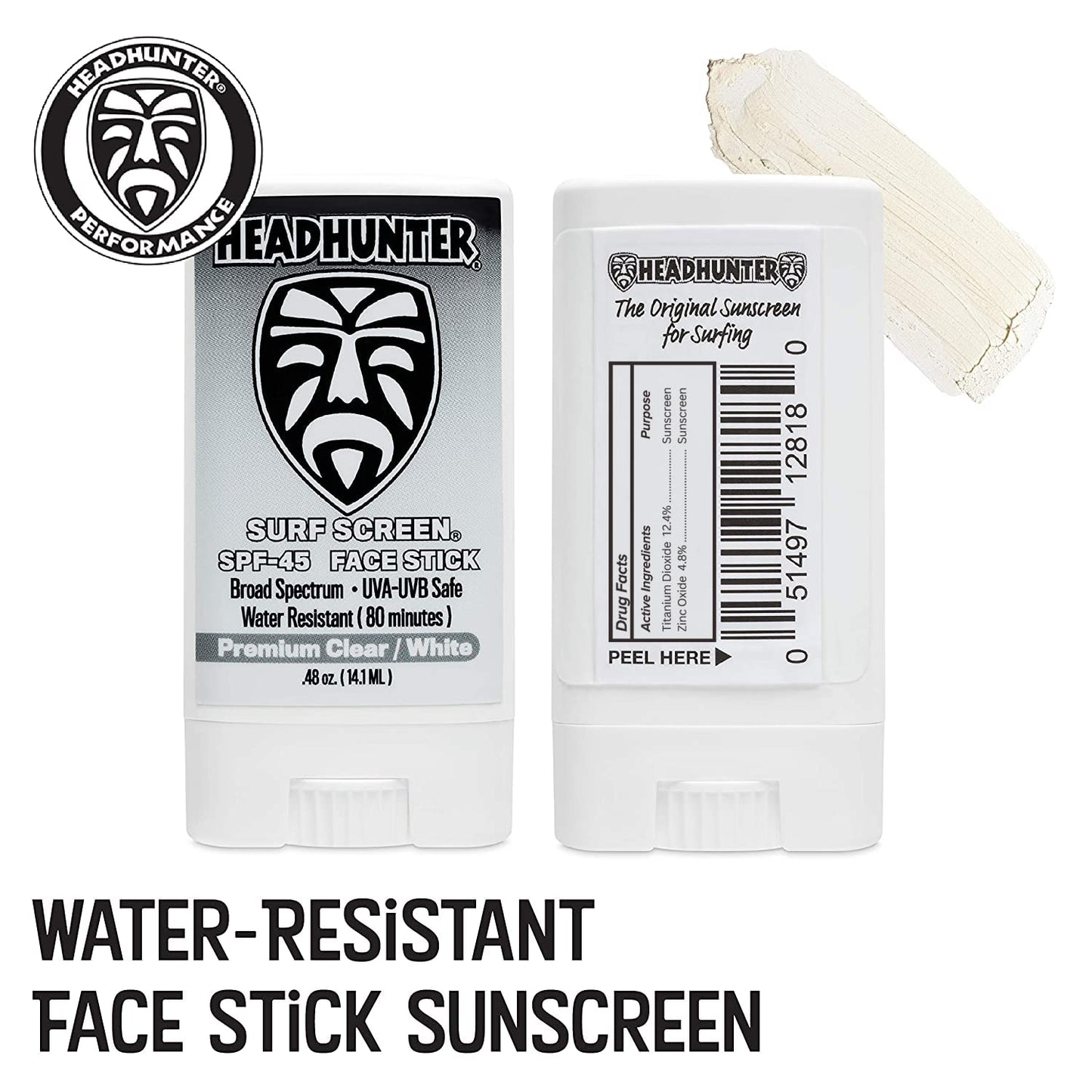 Headhunter Sunscreen Face Stick SPF 45, Waterproof Surf Sunblock for Waterman, Water-Resistant Facial Sunscreen for Ultra-Sport Protection and Solar Defense (80 min), Clear White (1 pack)