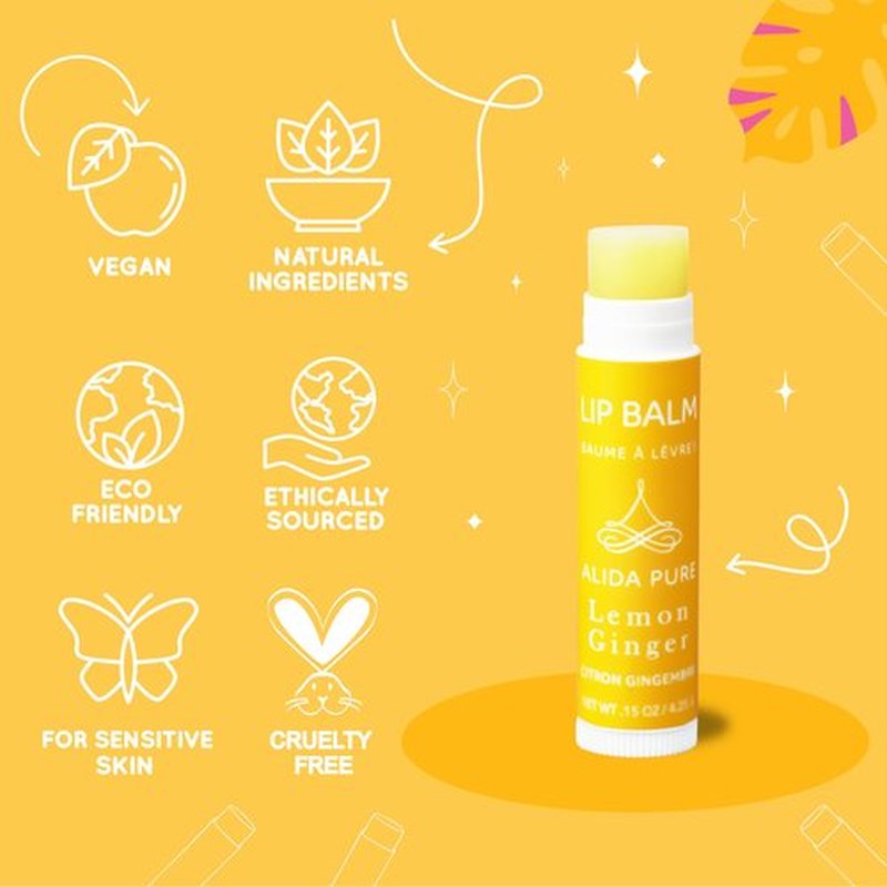 ALIDA PURE Lemon Ginger Lip Balm Collection, Vegan Lip Balm Set, Bees Wax Free, with Avocado Oil, Organic Jojoba Oil, Vitamin E, Natural Moisturizer For Dry, Cracked, or Chapped Lips, 3 Tube Set