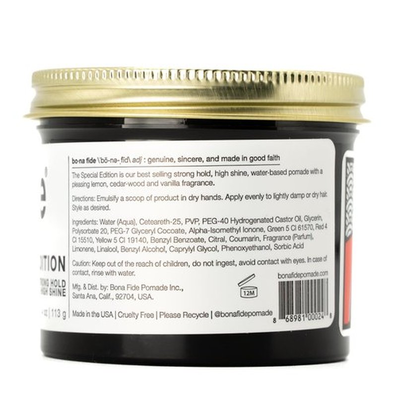 Bona Fide Pomade Special Edition 4oz. | Strong Hold High Shine, Water-Based Pomade, Non-Flaking Easy to Wash Out Formula, Lemon Cedar Wood Vanilla Fragrance