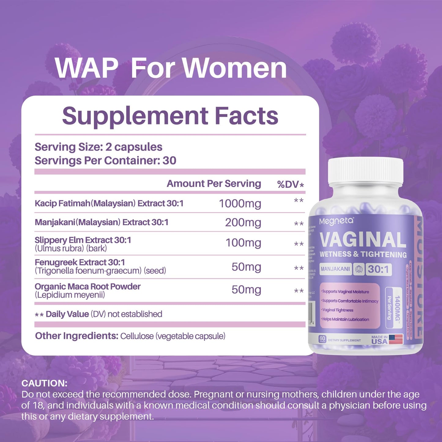 MEGNETA Vaginal Tightening, Moisture Support, 60 Vegan Capsules