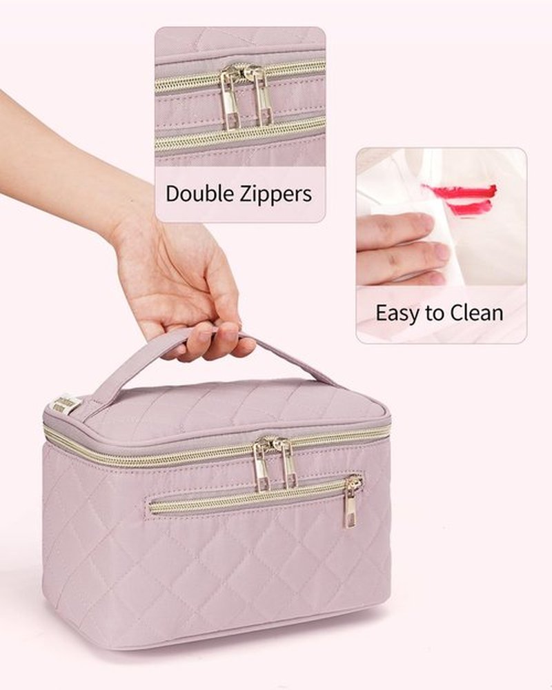 Wandering Nature Makeup Bag, Travel Make Up Organizer Cosmetic Brush Bags Case for Women in Quilted Fabric, Pink(Patent Pending)