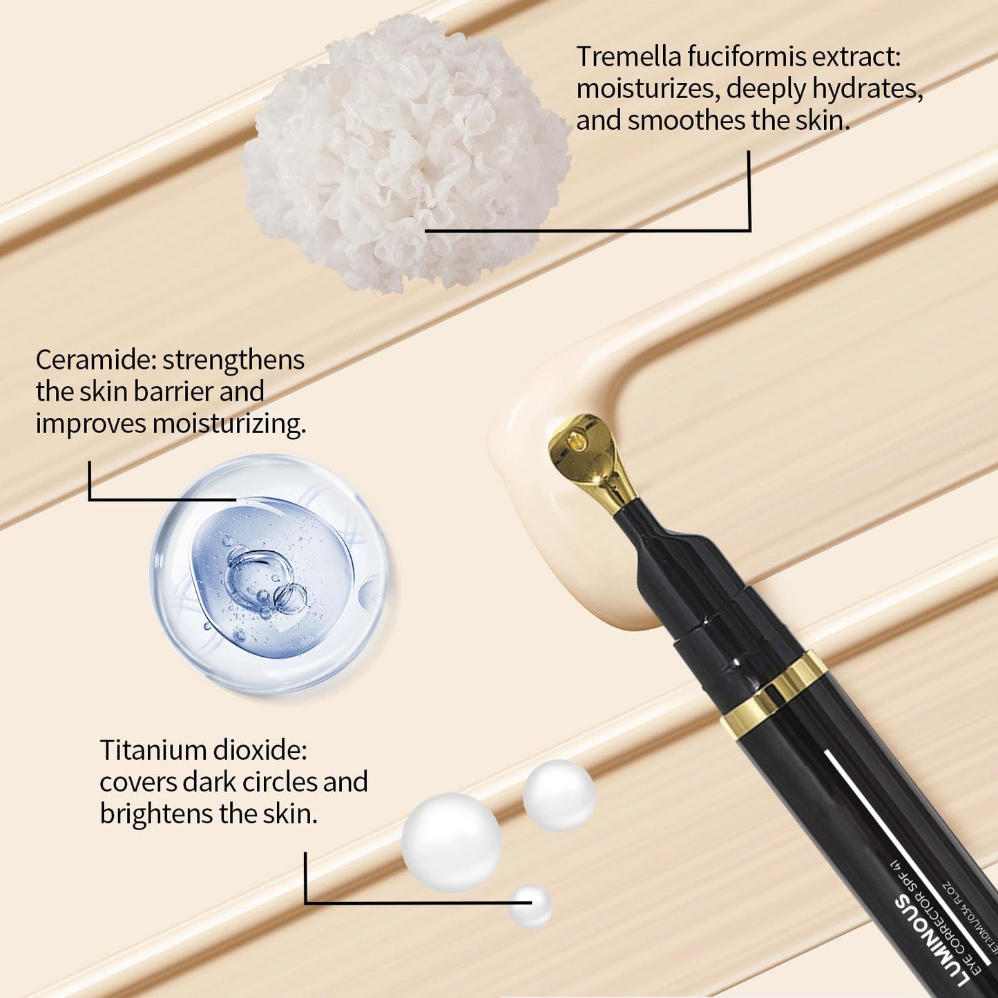 Luminous Eye Corrector Spf 41,Under Eye Concealer for Dark Circles,Anti-Aging Tinted Eye Cream (Ivory White, 1pcs)