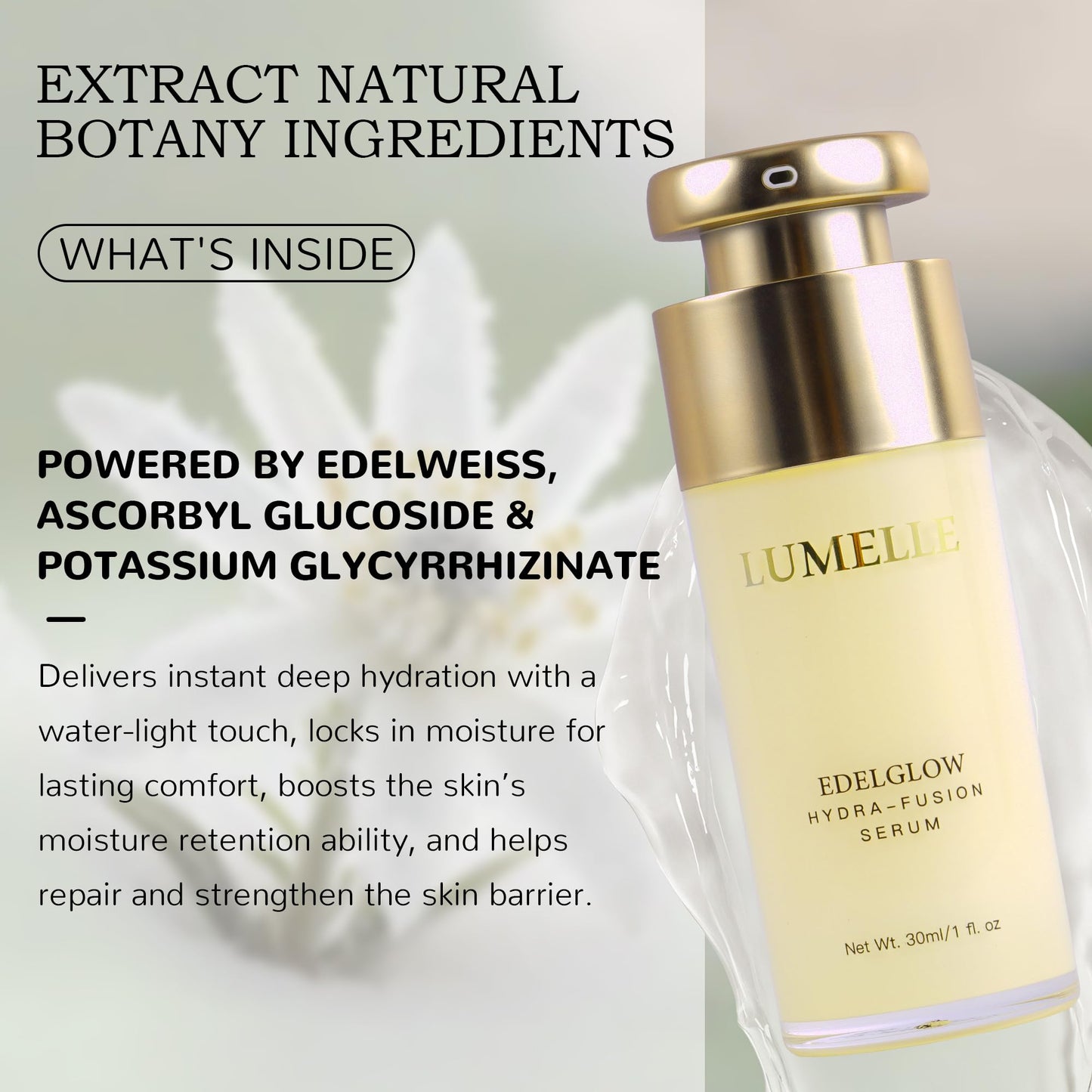 LUMELLE Facial Serum with Natural Edelweiss for Intense Hydration & Skin Barrier Repair, EdelGlow Hydra-Fusion Serum for Dry, Sensitive, Mature Skin