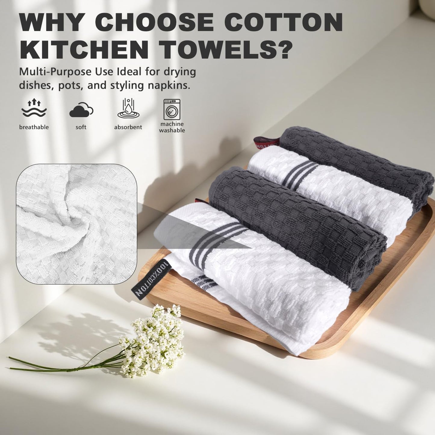 INFICRIME 4 Pack 100% Cotton Wash Cloth, 12x12 Inch Highly Absorbent and Soft Feel Fingertip Towels, Machine Washable Washcloths for Bathroom, Gym, Hotel, Spa and Kitchen, White/Grey