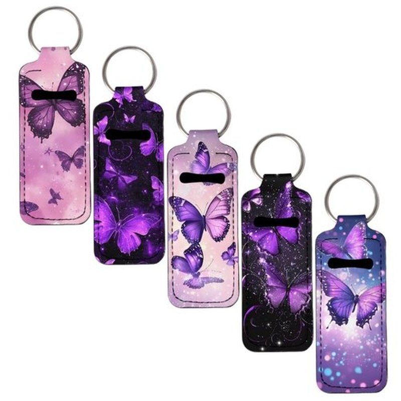 SEANATIVE Purple Butterfly 5 Pieces Lipstick Keychain Holder Lip Balm Holder Keychain Clip on Sleeve Chapstick Lip Gloss Holder Colorful Lipstick Pocket Keychain Bag Accessories for Women