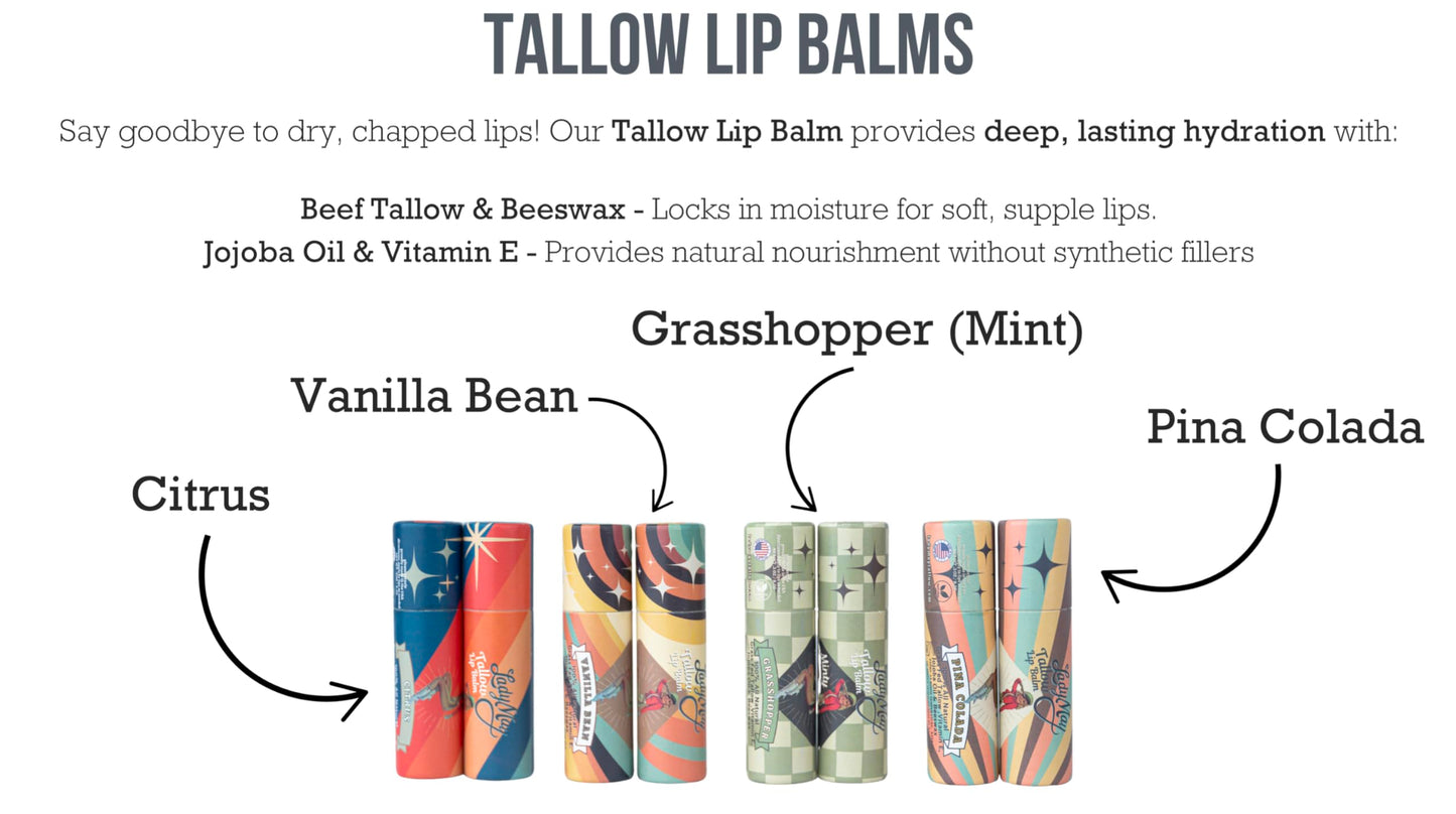 Lady May Tallow Beef Tallow Lip Balm - All Natural Beef Tallow Balm Made with Beeswax, Jojoba Oil & Vitamin E for Lip Repair and Hydration - Nothing Artificial, USA Made (Vanilla Bean)