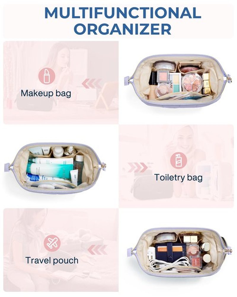BAGSMART Makeup Bag Cosmetic Bag Wide Open, Purple, M, Wide-open Travel Makeup Bag With Puffy Padded and Rectangular Quilted