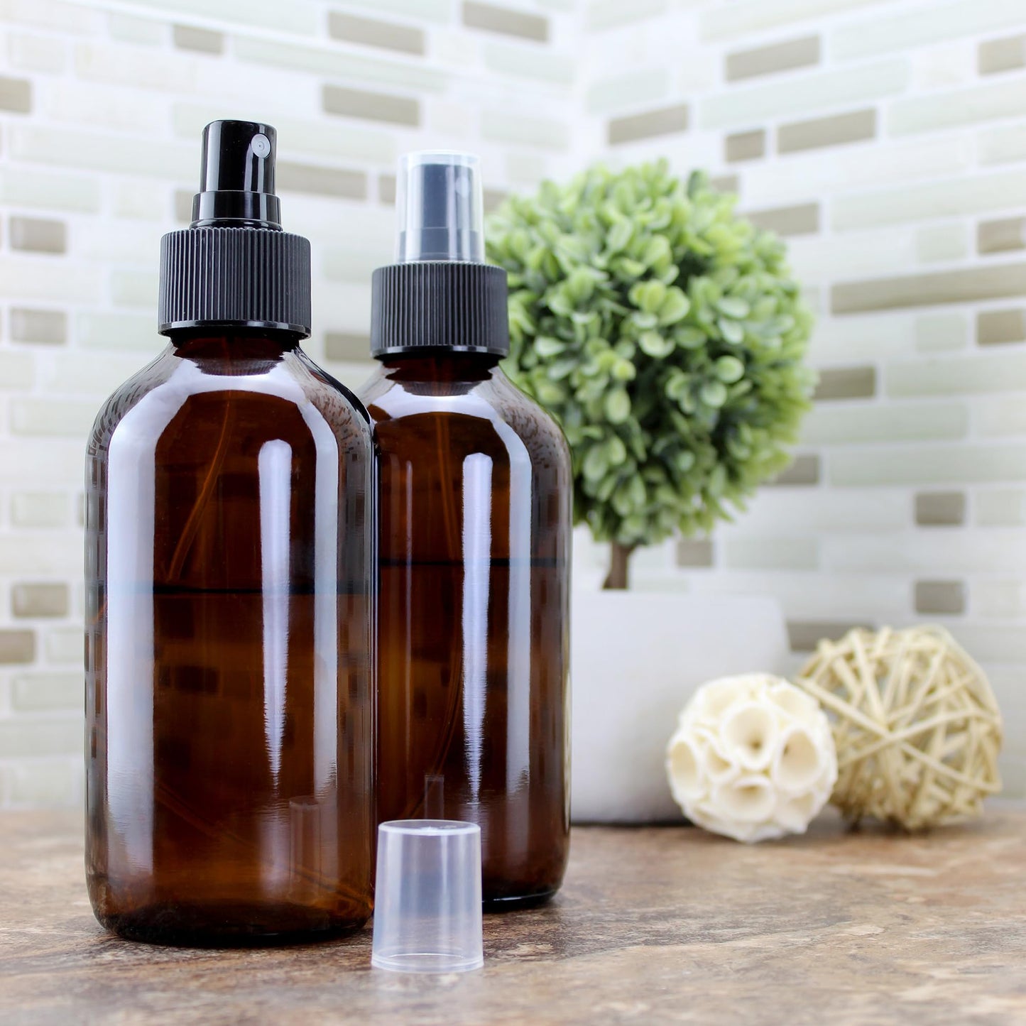 Cornucopia Brands 8-Ounce Amber Glass Fine Mist Spray Bottles (Pack of 4) Boston Round w/Atomizer Spritzers for Aromatherapy Perfume, Cologne, DIY & More