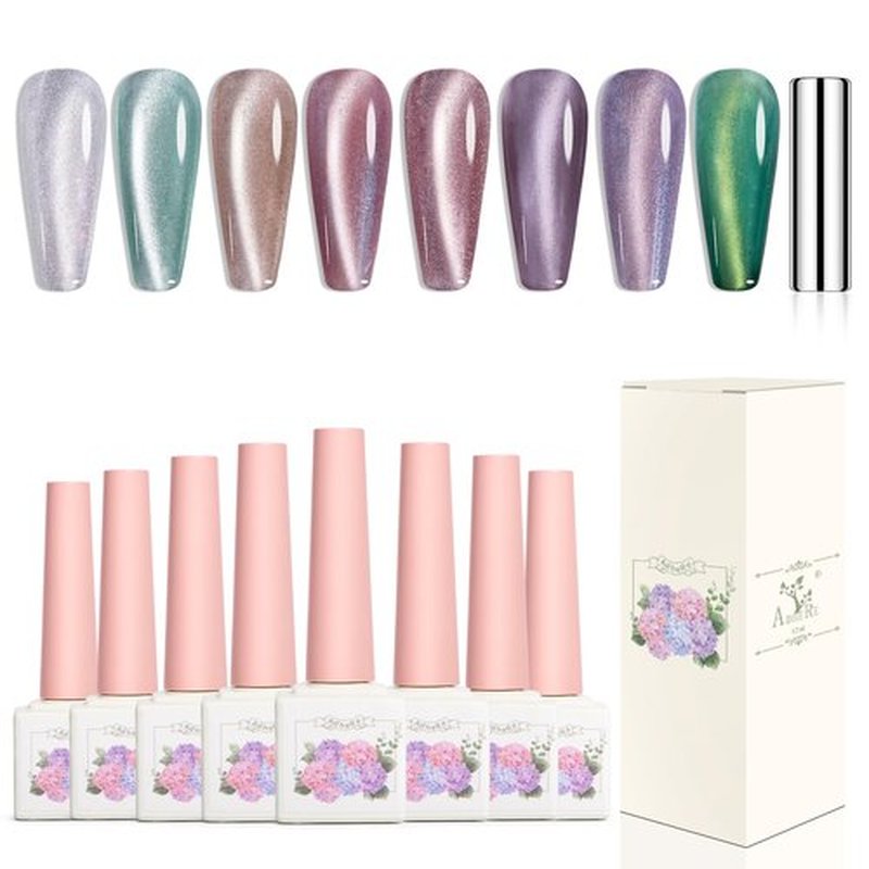 Adhere 8Pcs 12ML Cat Eye Soak Off UV LED Gel Nail Polish Flower and Grass Series,Green Crystal Mint Tea Soft Pink Glitter Cat Eye with Magnet