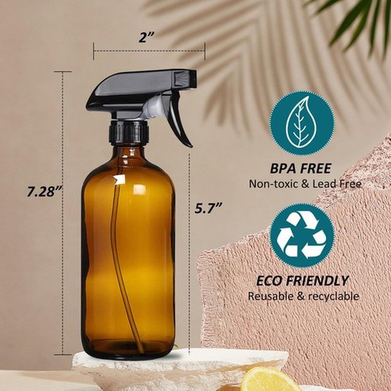 HAOERMEI 8 oz Amber Glass Spray Bottles - 2 Pack Refillable Empty Bottle for Cleaning Solutions, Essential Oils, Plants, Hair Mister - with Labels &Funnel, Dropper