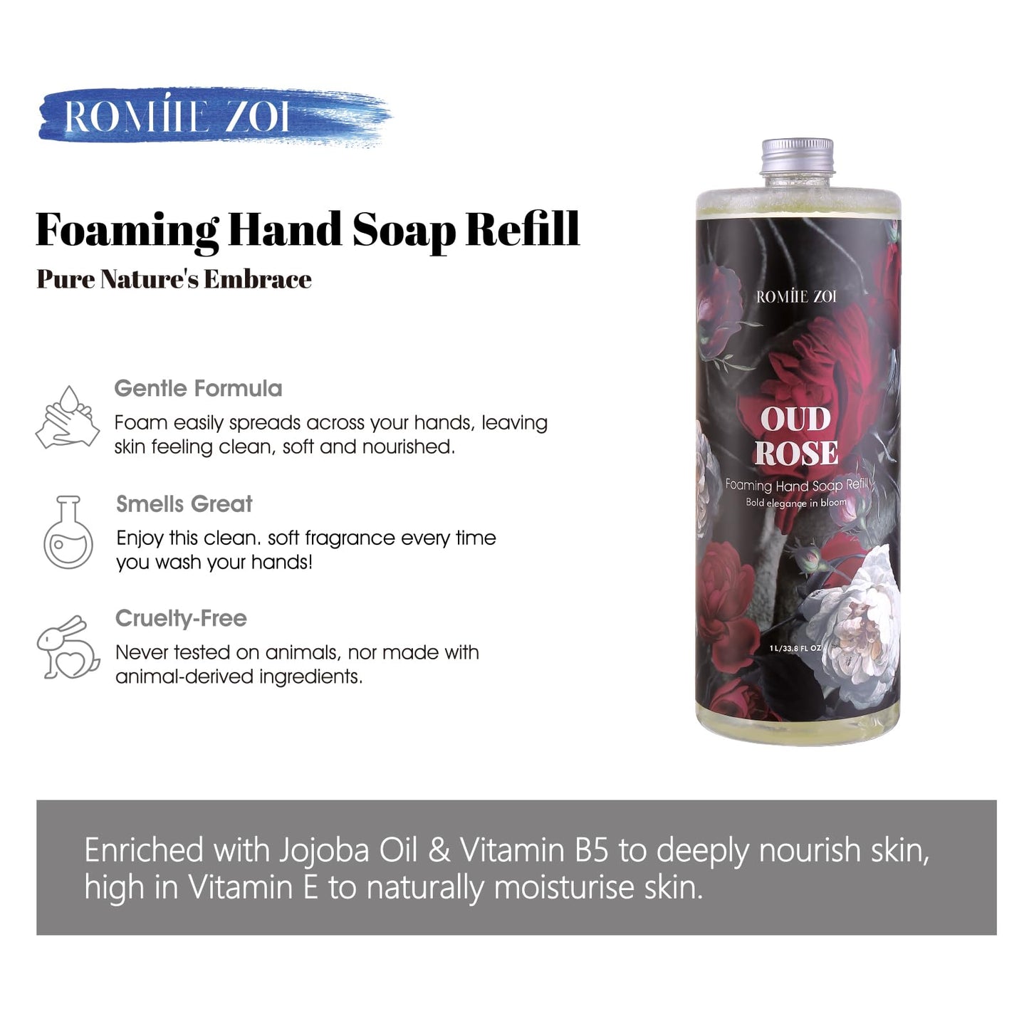 ROMIIE ZOI Foaming Hand Soap Refill, Ebony Rose, Gentle & Moisturizing Formula for Home & Kitchen, 1 L/ 33.8 FL OZ