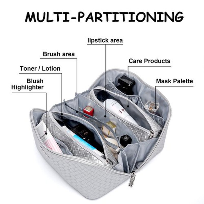 Travel Makeup Bags Cosmetic Organizer Bag: Large Capacity Make up Bag Set of 3 - Vegan Leather Toiletry Bag for Women - Portable Makeup Organizer with Compartments & Handle & Divider (1 Silver)