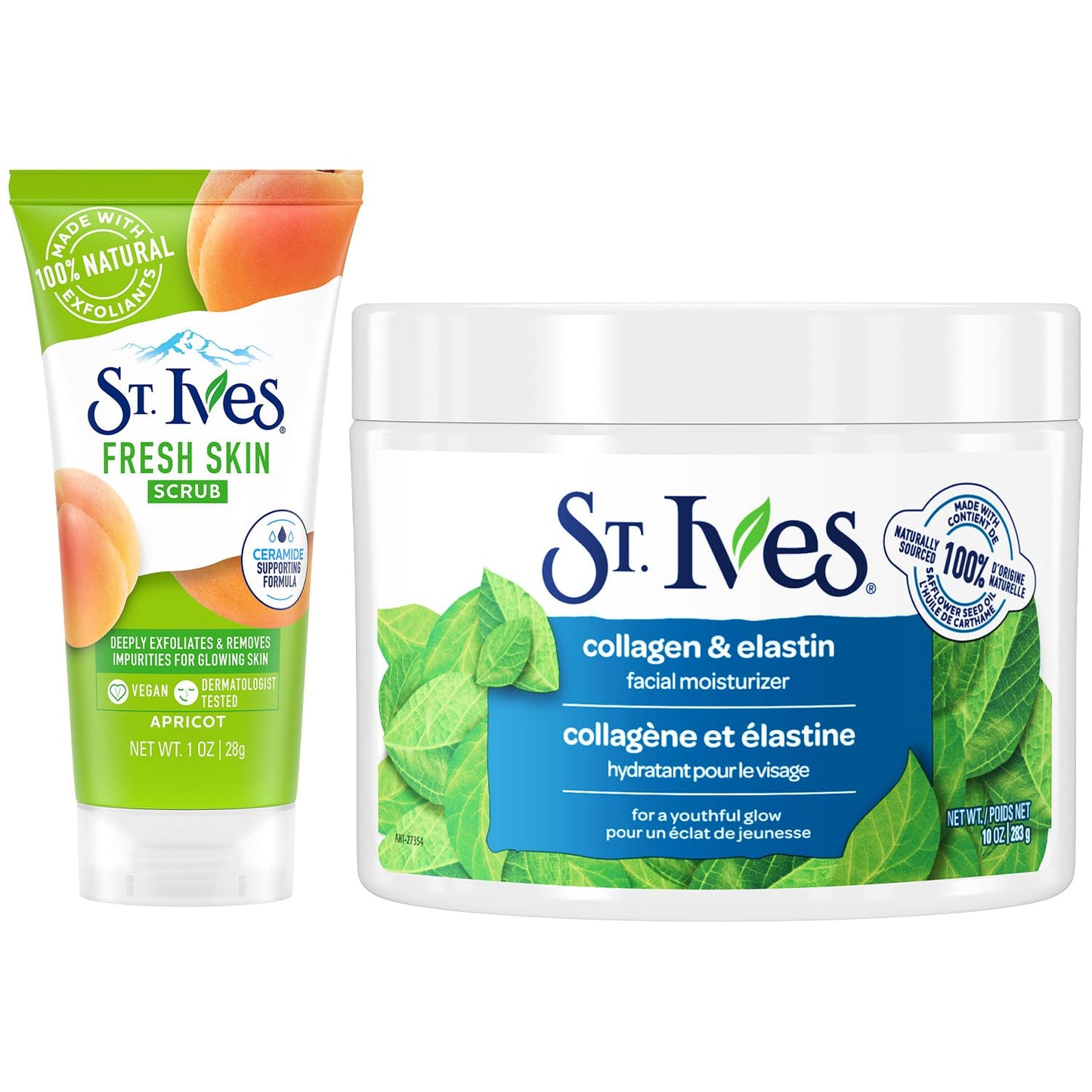 St. Ives Face Care Bundle – Collagen & Elastin Renewing Face Moisturizer + Travel-Size Apricot Facial Scrub, Fresh Skin Exfoliant for a Youthful Glow