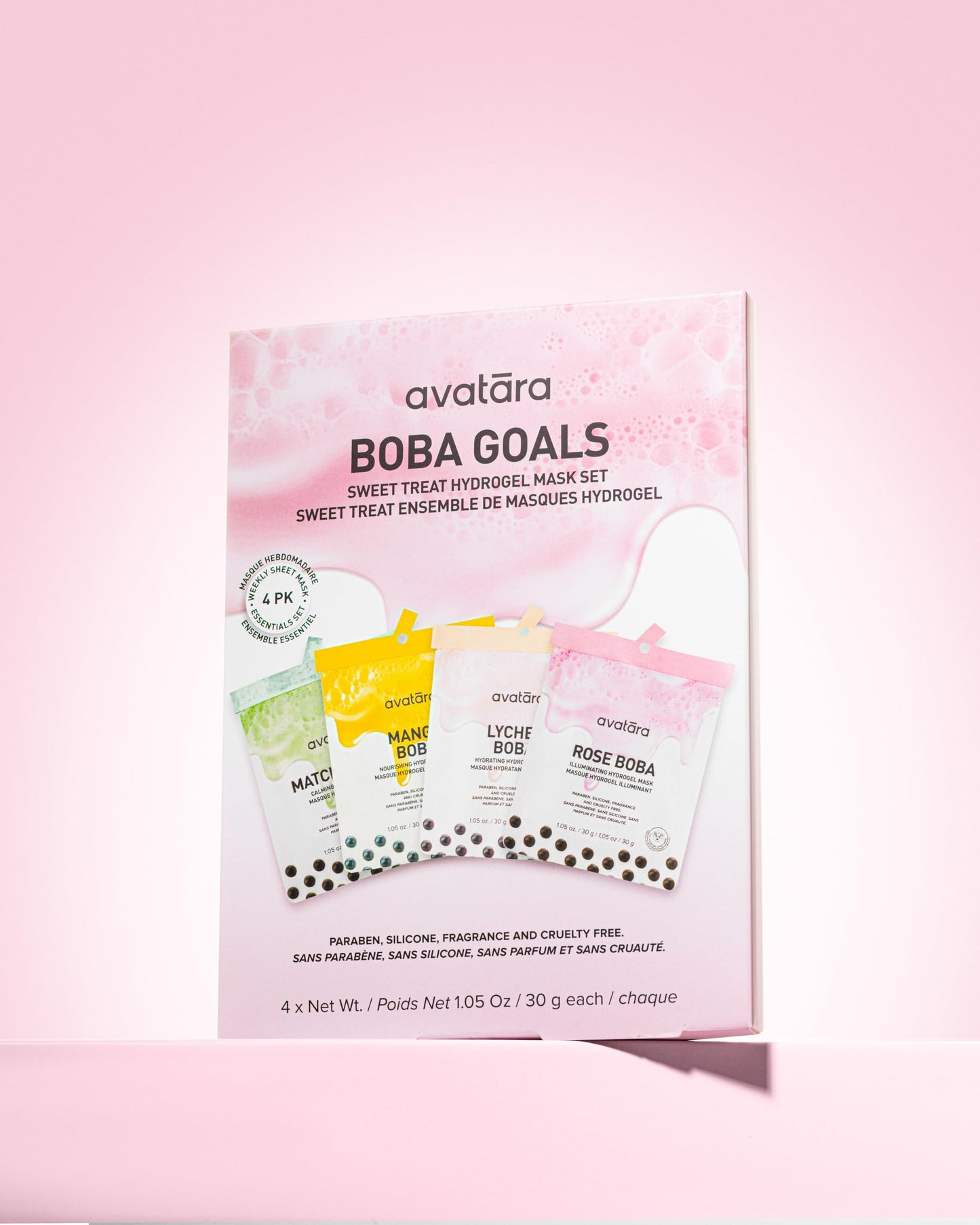 Avatara Boba Goals Hydrogel Sheet Mask Variety 4-Pack - Rose, Matcha, Mango, and Lychee Boba Flavors - Hydrating K-Beauty Face Masks for Tweens and Teens - Vegan, Synthetic Fragrance-Free