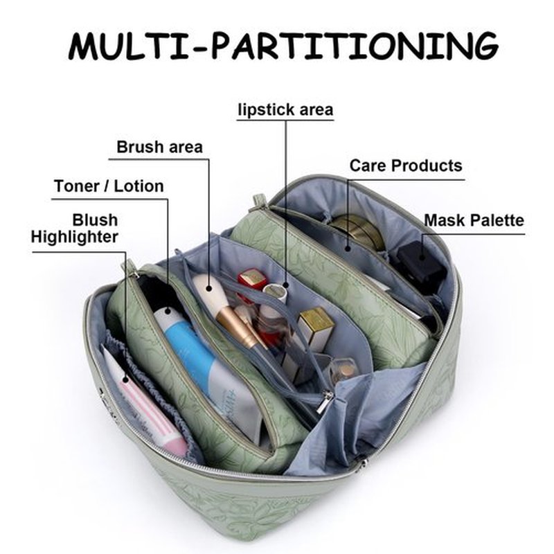 Travel Makeup Bags Cosmetic Organizer Bag: 3-Set Large Capacity Make up Bag - PU Leather Toiletry Bag for Women - Wide Open Portable Pouch with Divider & Handle (02-Light Green)