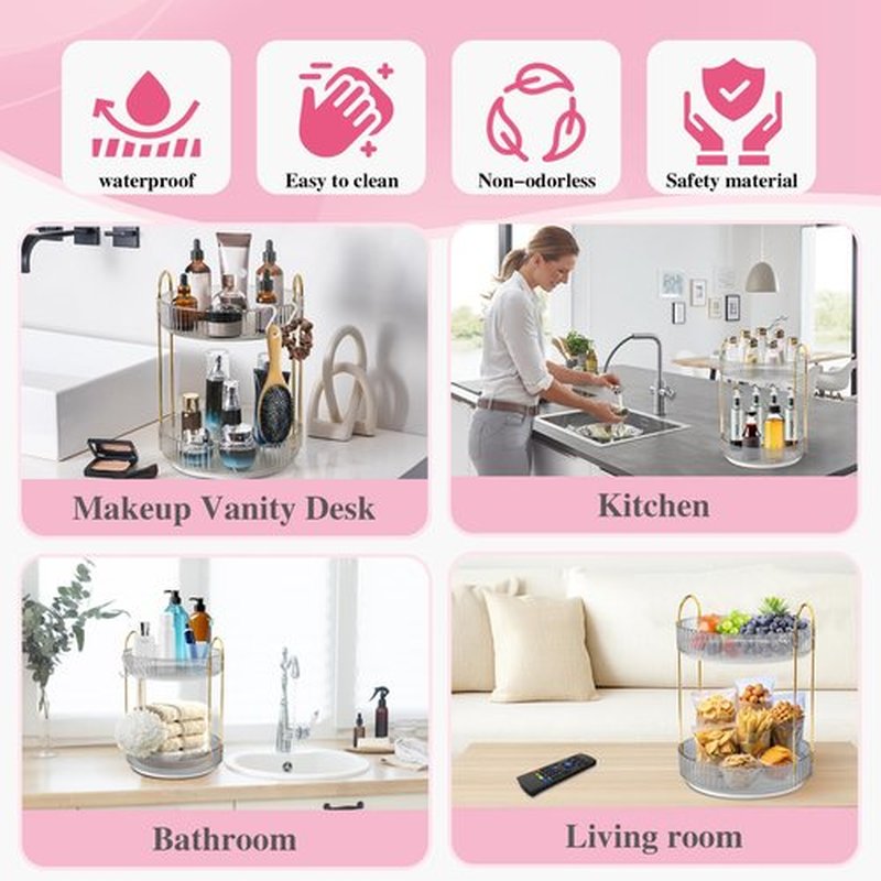 Megapuxin Rotating Makeup Organizer for Vanity,Large Perfume Organizers Skincare Make Up Storage Cosmetic Dresser Organizer Countertop Organizer with Hooks DIY Stickers for Bathroom