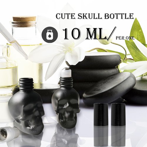 MINELEVEN 7 pcs Set 10ml Mini Skull Glass Oil Roller Bottles Leakproof Essential Oils Bottle for Storage and Travel (black)