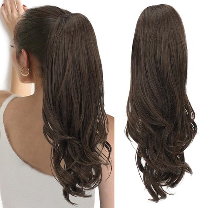 KooKaStyle Ponytail Extensions, 22 inch Long Dark Chestnut Brown Drawstring Wavy Clip in Ponytail Hair Extensions Layered Synthetic Hairpiece for Women