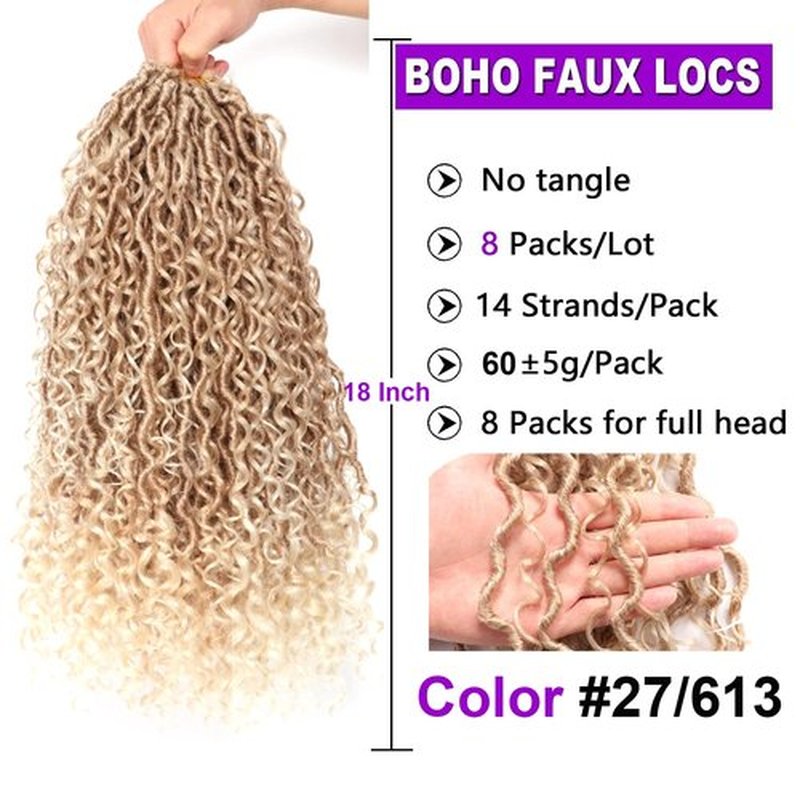 8 Packs Goddess Locs Crochet Hair 18 Inch Faux Locs Crochet Hair for Black Women Pre Looped Soft Locs with Curly Ends (18 Inch (Pack of 8), #27/613)