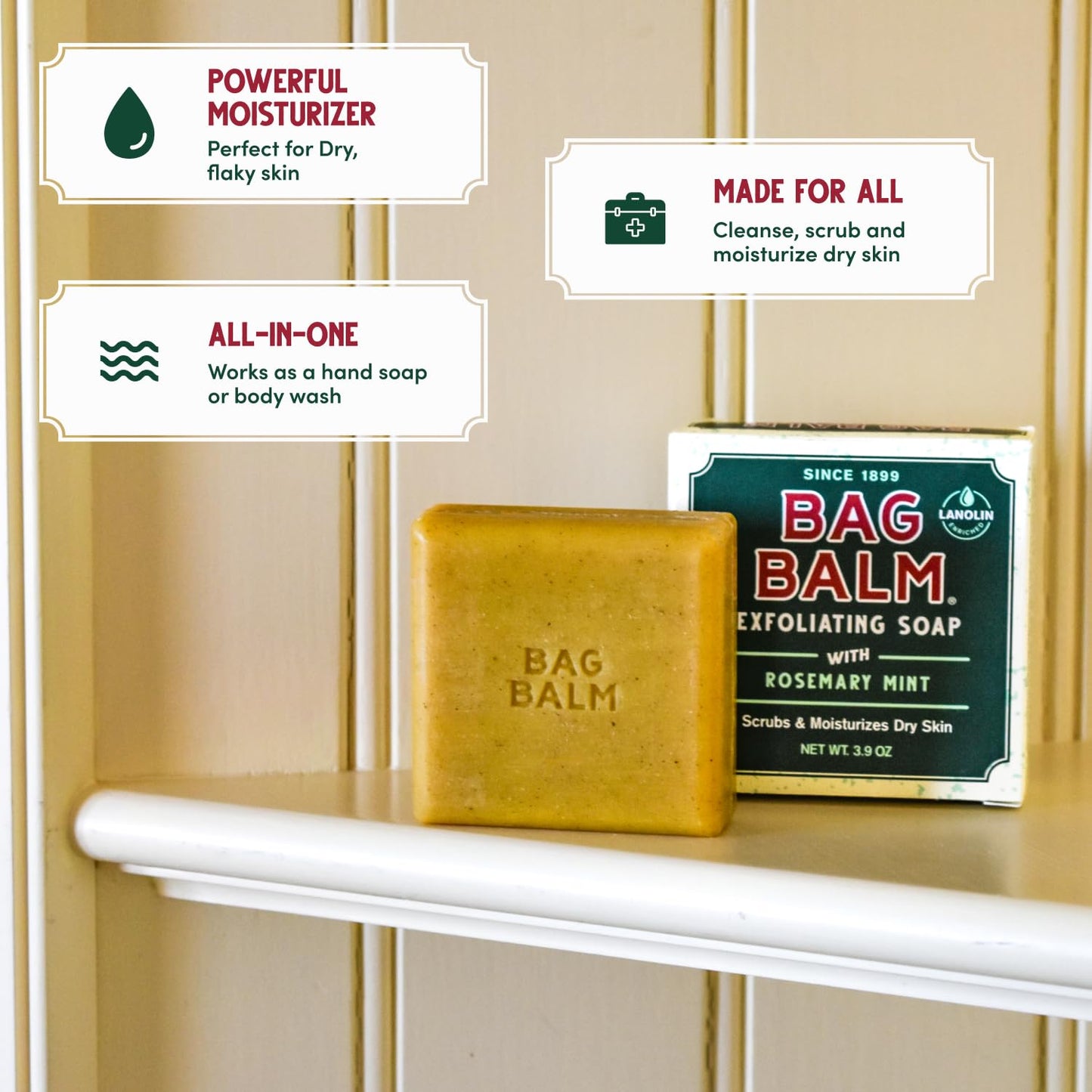 Bag Balm Vermont's Original Exfoliating Soap Bar, Body Soap Bars, Hand Soap Bar - Soap for Dry Skin - Rosemary Mint Scented Bars of Soap, Body Soap Bar - 3.9oz, 3 Pack