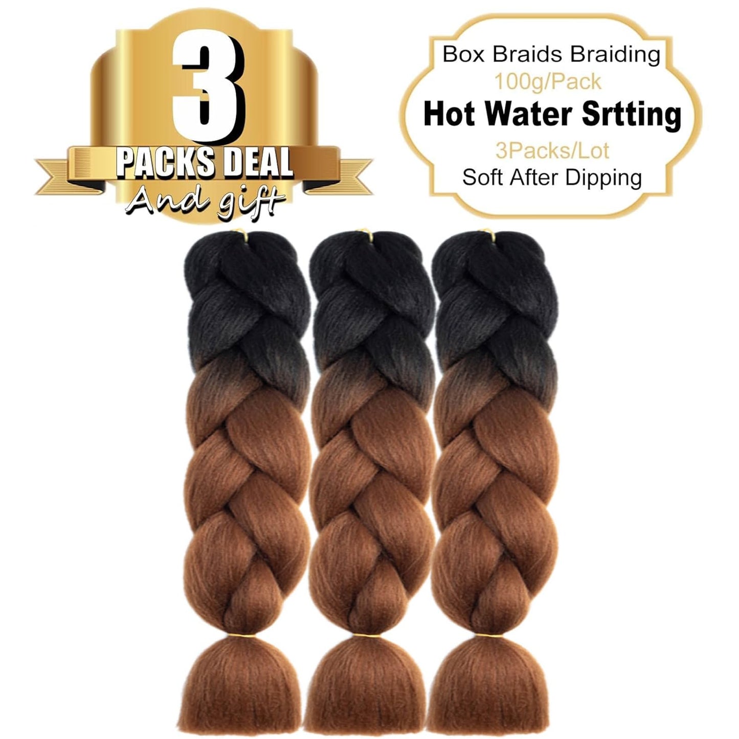 TENGSHUO FLY Black to Dark Brown Braiding Hair 3 Packs Synthetic Braid Hair Extensions Jumbo Ombre Braiding Hair 24 Inch or Box Braids Twist Crochet Braids(24"3Pack,Black to Dark Brown)