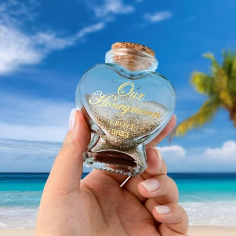Fornixe Personlized Honeymoon Sand Jar 2024, Heart Shaped Glass Jars with Customised Text Date Custom Sand Bottles Keepsake Jar for Decorations, Wedding Party Favors (Style2)