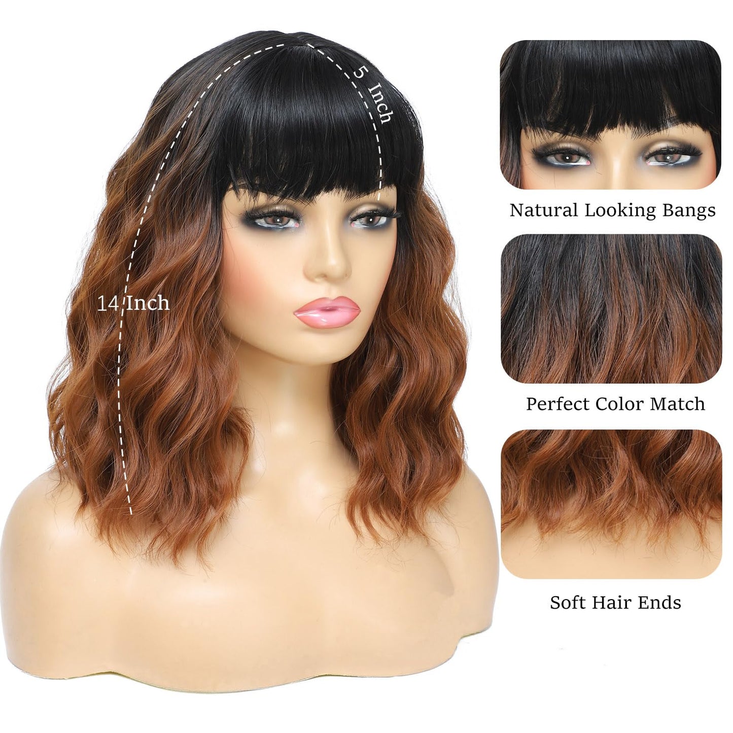 Amarlis Short Black to Brown Wigs for Women, 14 Inch Wavy Bob Wig with Bangs Natural Looking Soft Heat Resistant Synthetic Wig for Daily Party Use