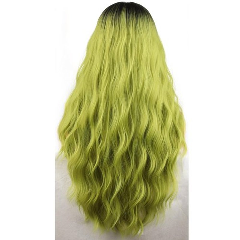 MAGQOO Matcha Green Wigs for Long Curly Wavy Green Wig with Bangs Dark Roots Synthetic Heat Resistant Cosplay Costume Wig Cap Included