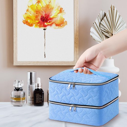 Nail Polish Organizer Case Holds 42 Bottles (15ml/0.5 fl.oz), Double-Layer Nail Polish Storage with Adjustable Dividers, Portable Nail Polish Bag for Nail Gel Nail Lamp and Manicure Tools, Light Blue