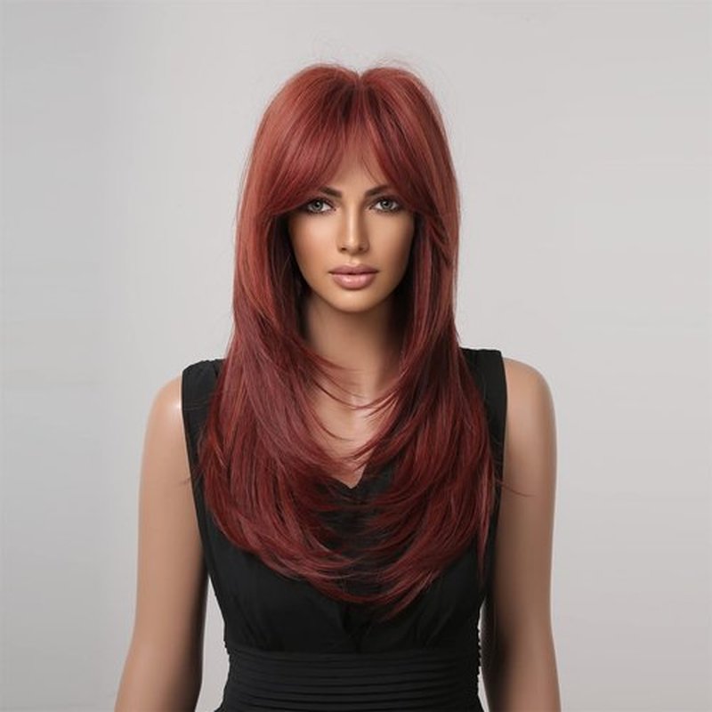 MAGQOO Dark Red Wig for Women Wine Red Layered Wig Long Burgundy Wig with Bangs Synthetic Heat Resistant with Wig Cap