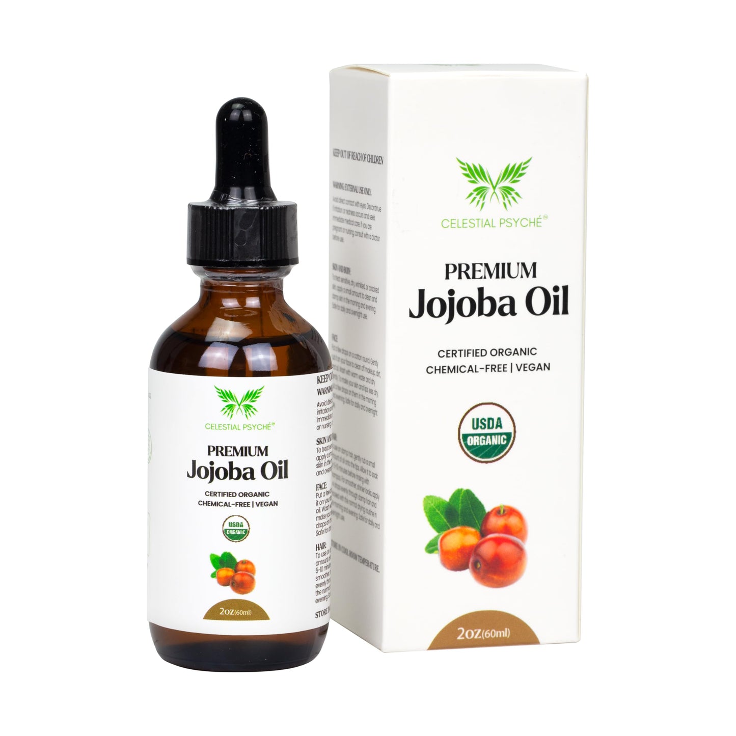 Celestial Psyché USDA Certified Organic Jojoba Oil (2 Oz) 100% Pure Natural, Chemical-Free, Hexane-Free, Hair Growth, Scalp Care, Skin Hydration, Nails Natural Beauty Enhancement, Anti-Aging