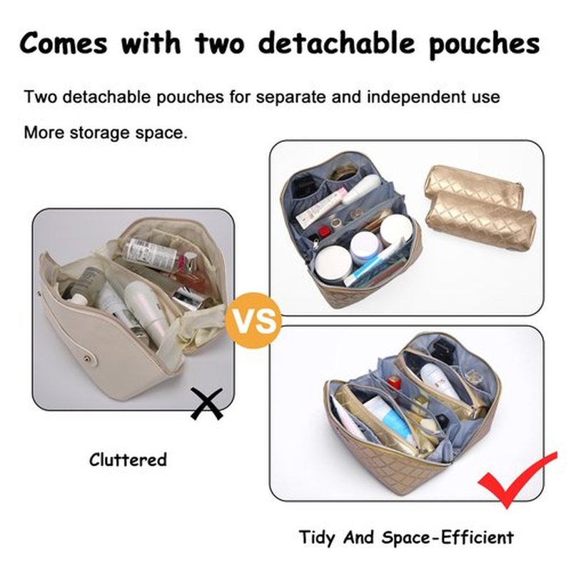 Travel Makeup Bags Cosmetic Organizer Bag: 3-Set Large Capacity Make up Bag - PU Leather Toiletry Bag for Women - Wide Open Portable Pouch with Divider & Handle (07-Gold)