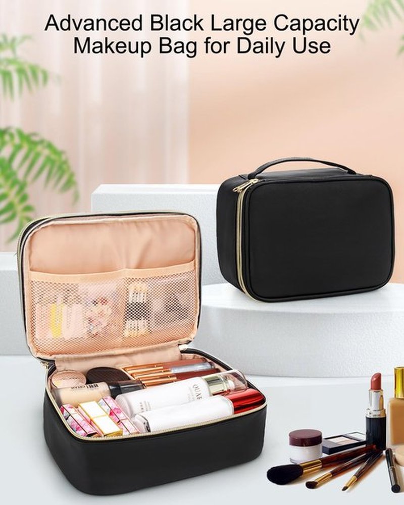 Black Makeup Bag, Travel Makeup Bag Cosmetic Bag, Makeup Brush Holder Organizer with Dividers, Travel Makeup Case for Women, Large Toiletry Bag Cosmetic Case, Black